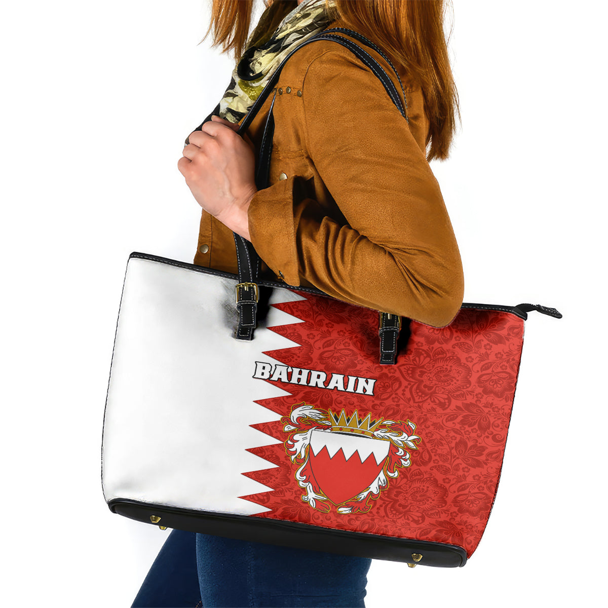 Bahrain Independence Day Leather Tote Bag Bahrayn Coat Of Arms Floral Pattern - Wonder Print Shop