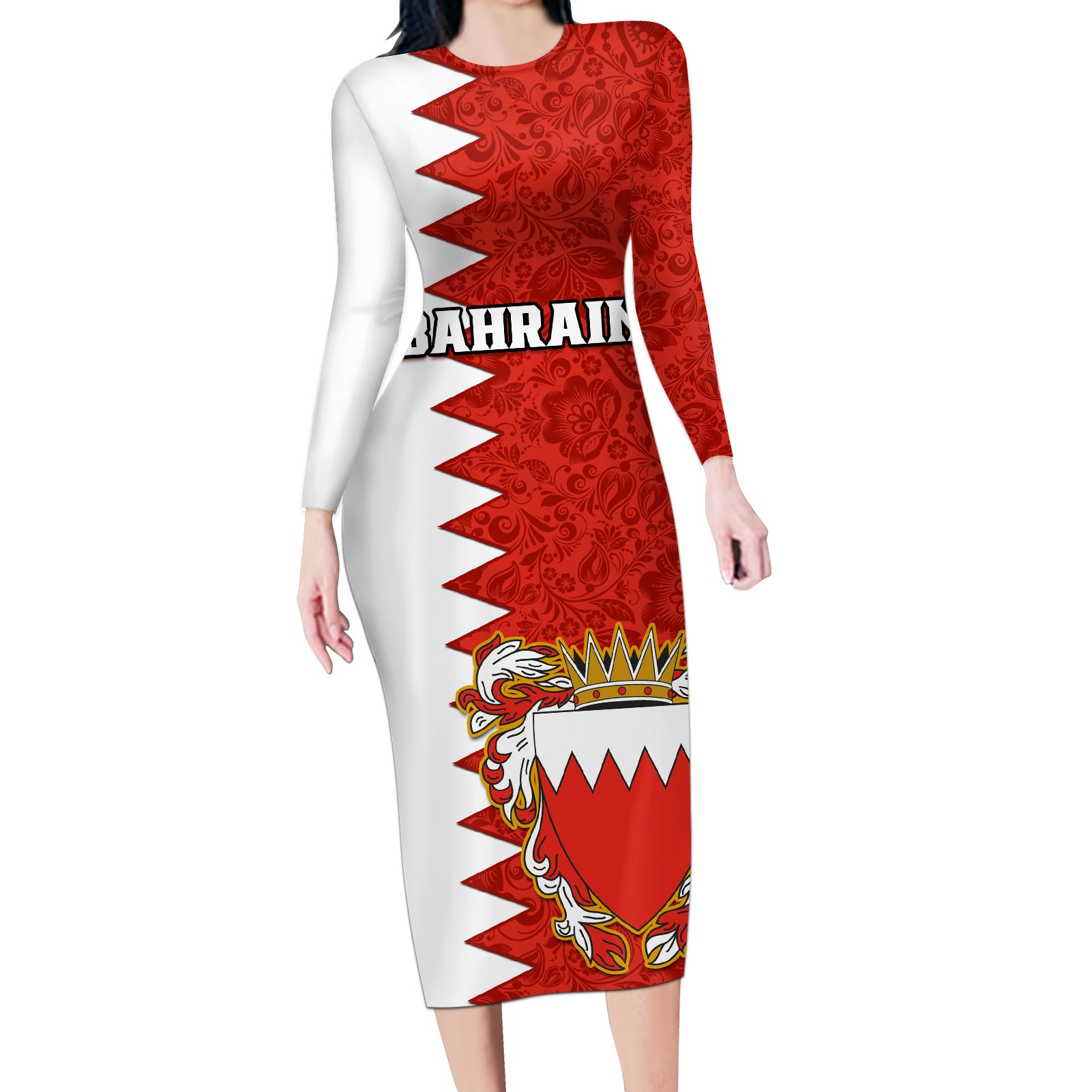 Bahrain Independence Day Long Sleeve Bodycon Dress Bahrayn Coat Of Arms Floral Pattern - Wonder Print Shop