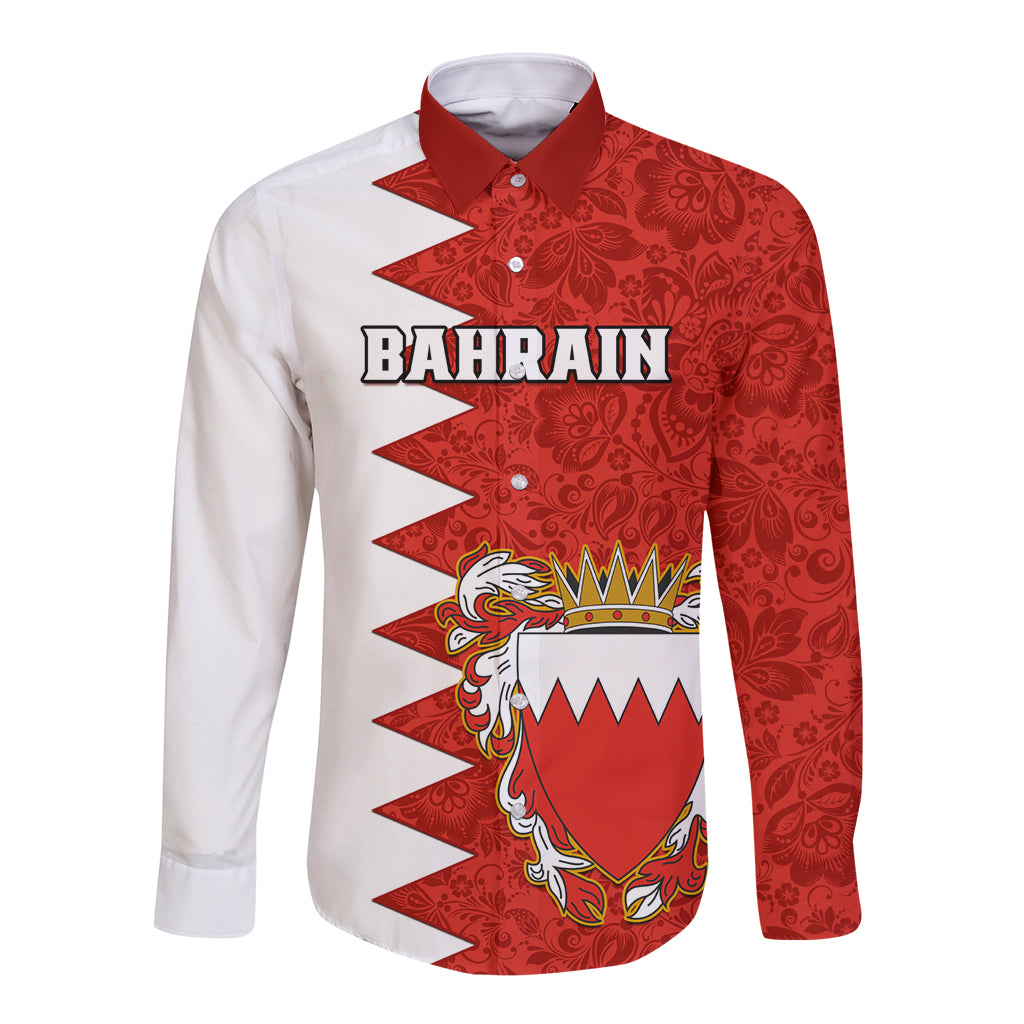 Long-sleeve button shirt with red floral print, Bahrain text, crest graphic
