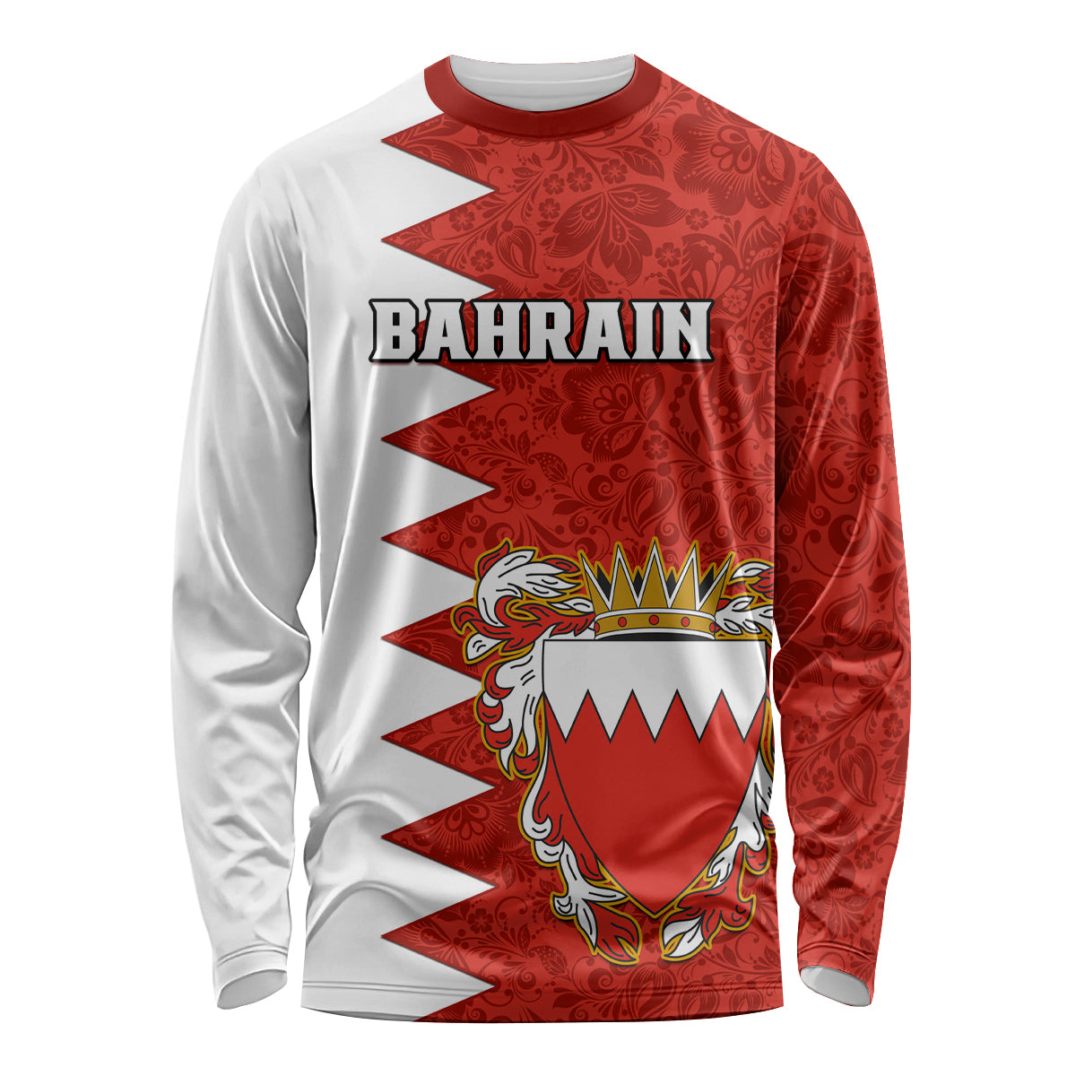 Long sleeve shirt with Bahrain coat of arms, red and white floral design