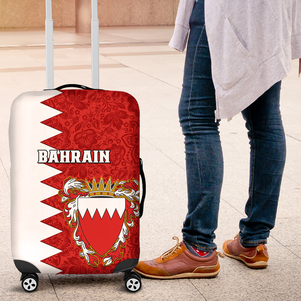 Bahrain Independence Day Luggage Cover Bahrayn Coat Of Arms Floral Pattern - Wonder Print Shop