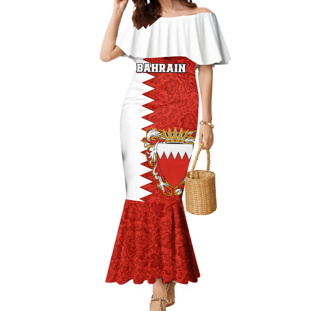 Bahrain Independence Day Mermaid Dress Bahrayn Coat Of Arms Floral Pattern - Wonder Print Shop