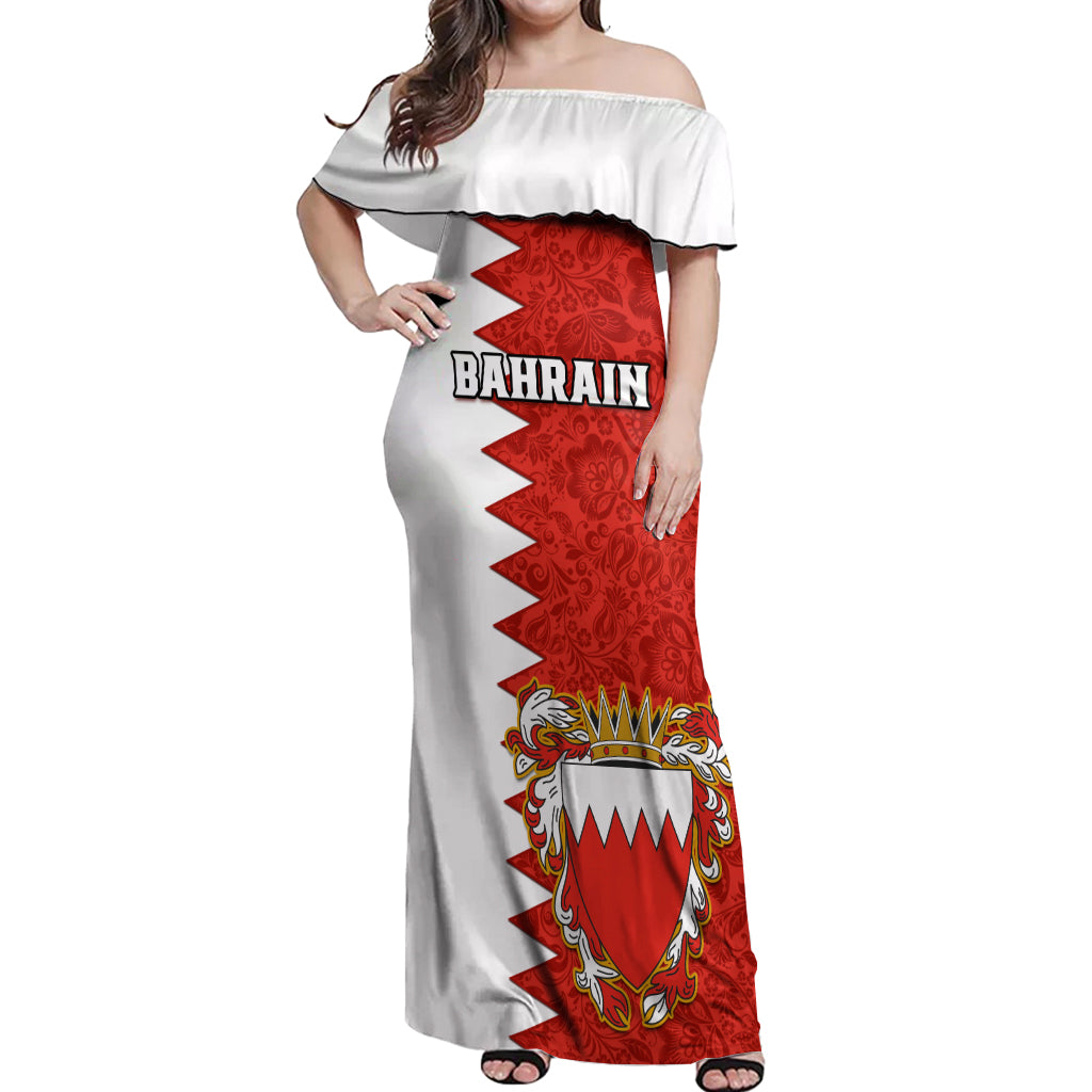 Bahrain Independence Day Off Shoulder Maxi Dress Bahrayn Coat Of Arms Floral Pattern - Wonder Print Shop