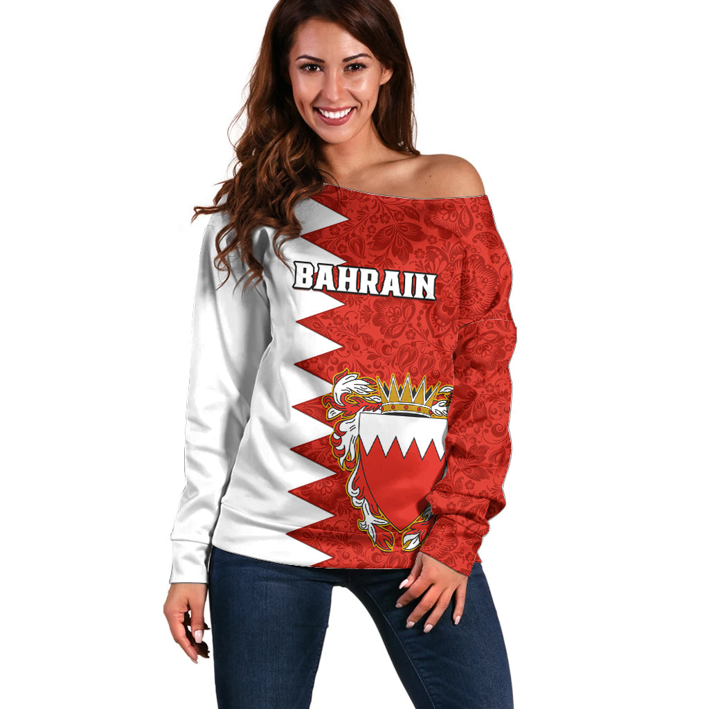 Bahrain Independence Day Off Shoulder Sweater Bahrayn Coat Of Arms Floral Pattern - Wonder Print Shop