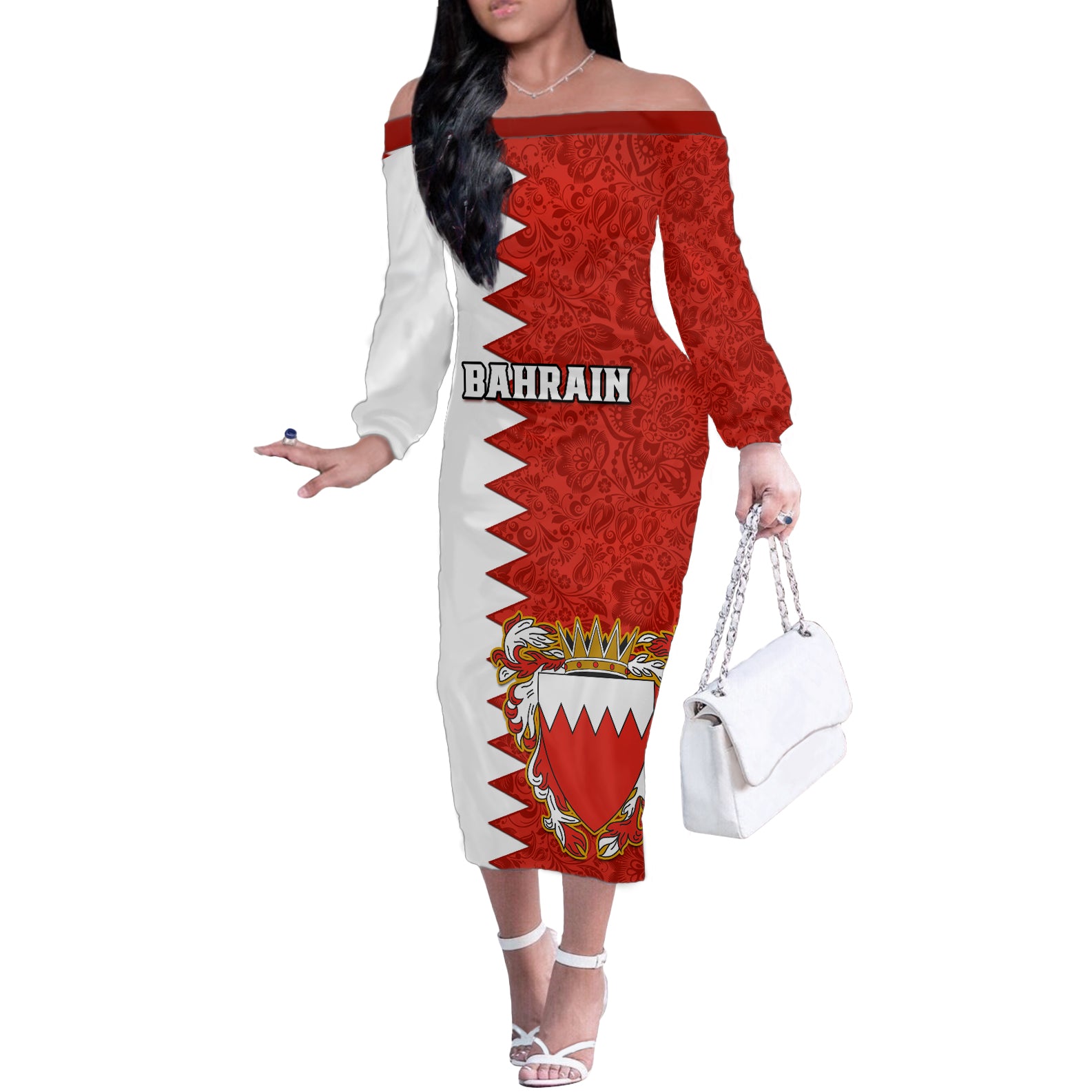 Bahrain Independence Day Off The Shoulder Long Sleeve Dress Bahrayn Coat Of Arms Floral Pattern - Wonder Print Shop