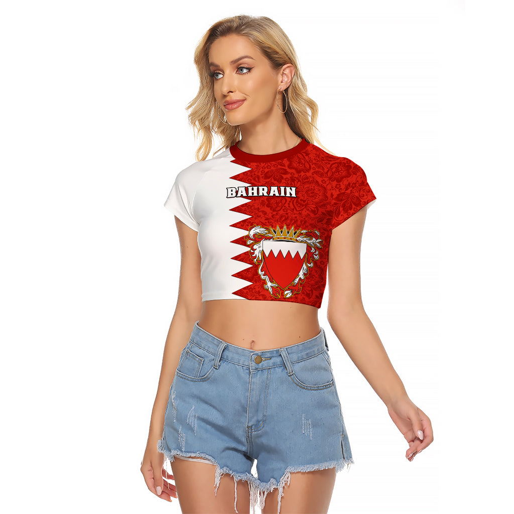 Bahrain Independence Day Raglan Cropped T Shirt Bahrayn Coat Of Arms Floral Pattern - Wonder Print Shop