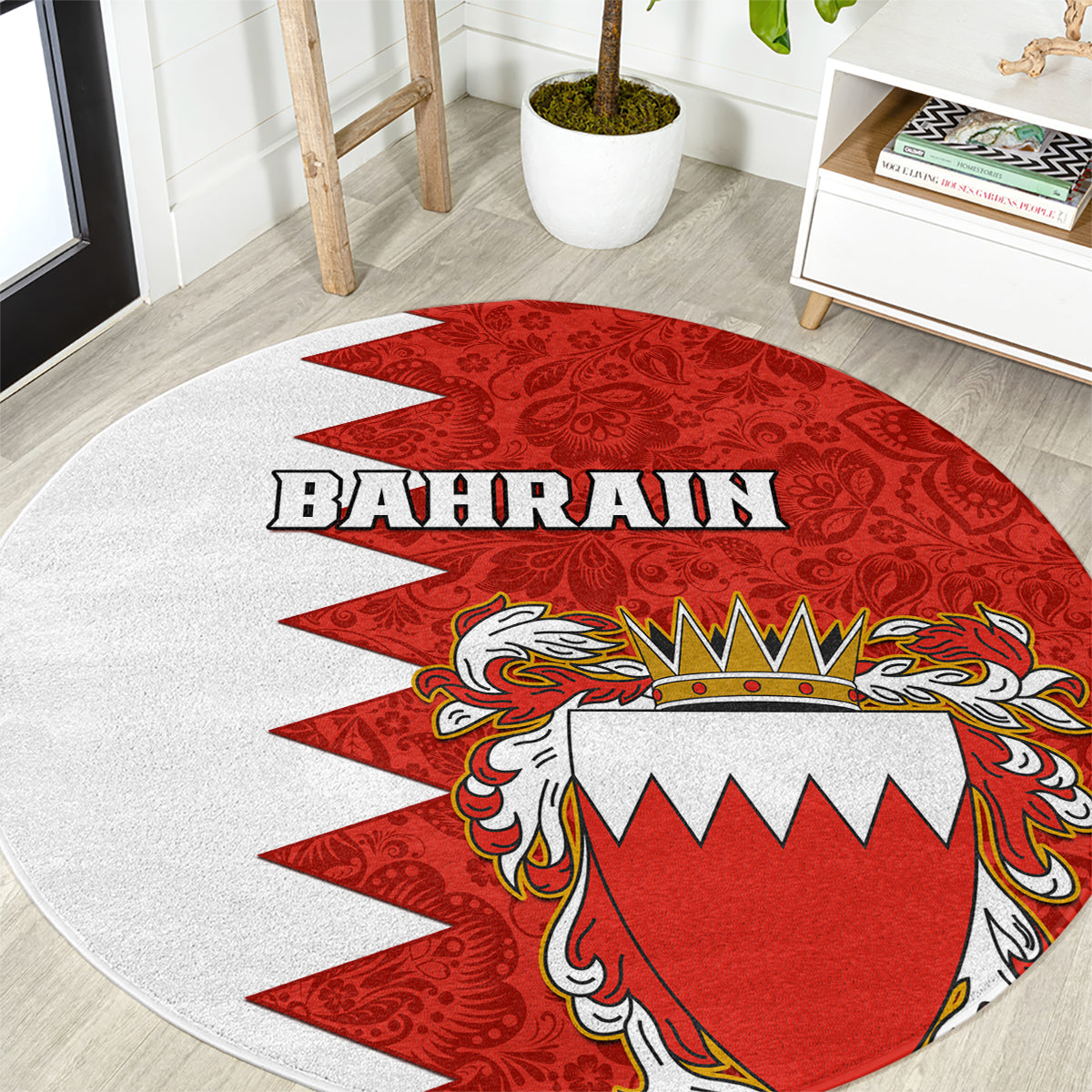 Red and white round carpet with Bahrain crest and floral pattern center