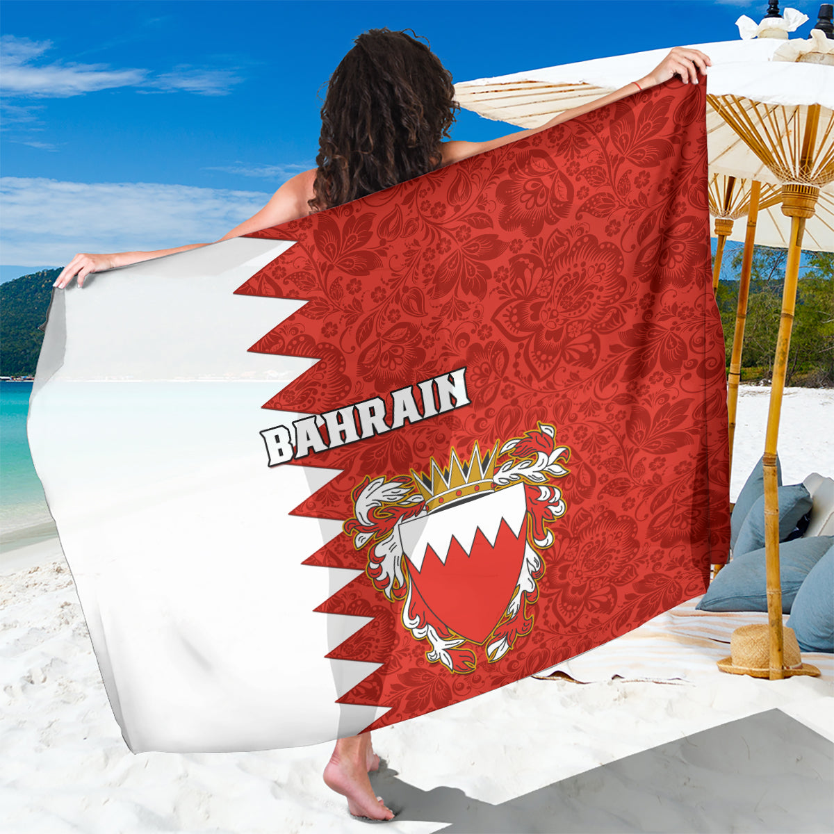 Red sarong with Bahrain coat-of-arms crest, floral pattern, and white zigzag trim
