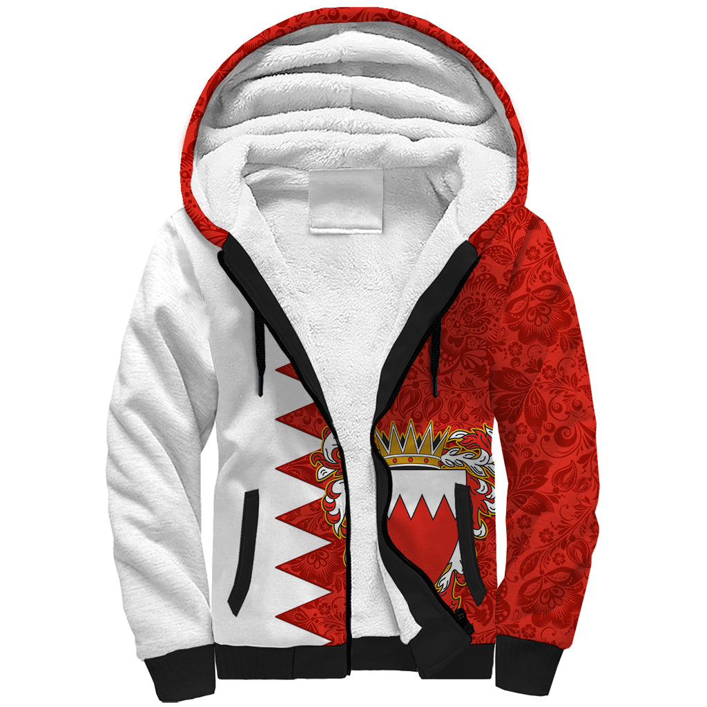 Bahrain Independence Day Sherpa Hoodie Bahrayn Coat Of Arms Floral Pattern - Wonder Print Shop