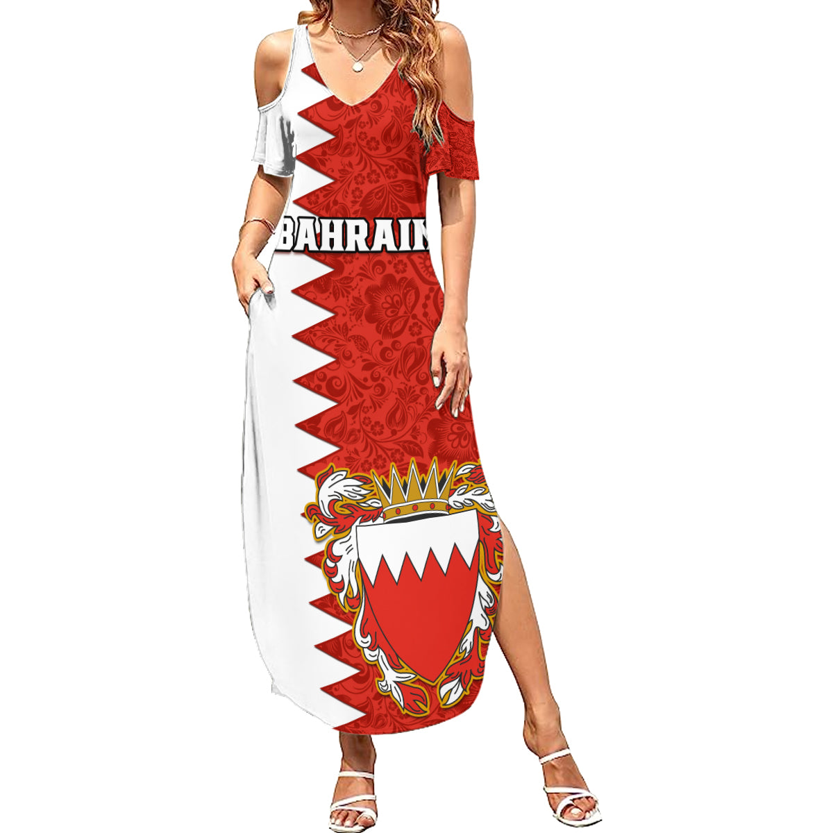 Bahrain Independence Day Summer Maxi Dress Bahrayn Coat Of Arms Floral Pattern - Wonder Print Shop