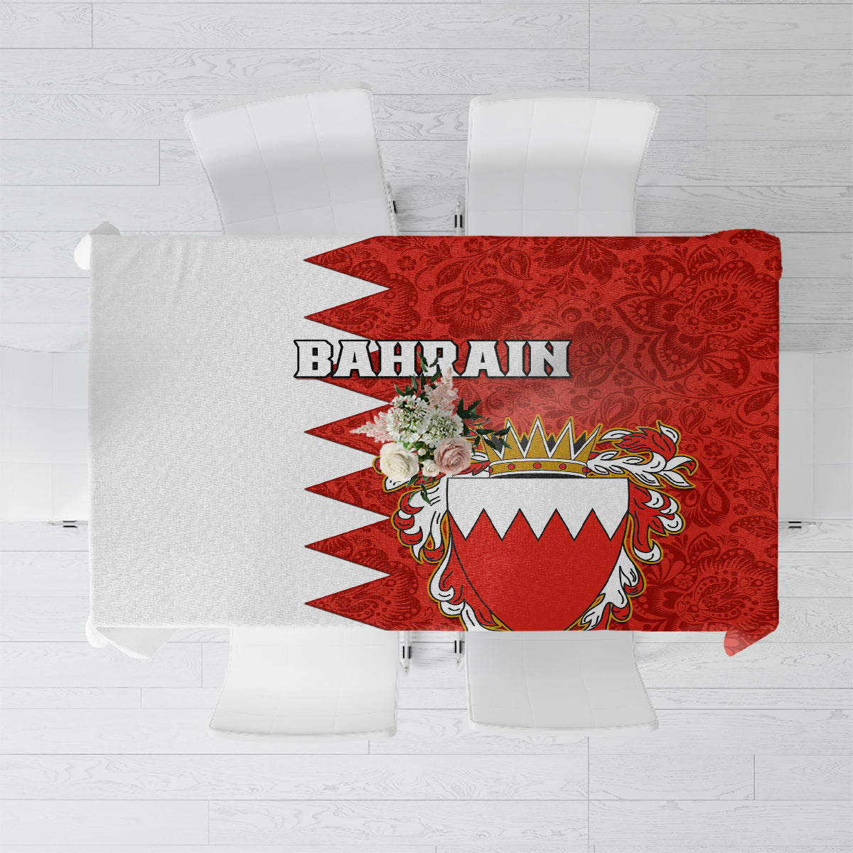 Red tablecloth with Bahrain coat of arms and ornate floral damask pattern