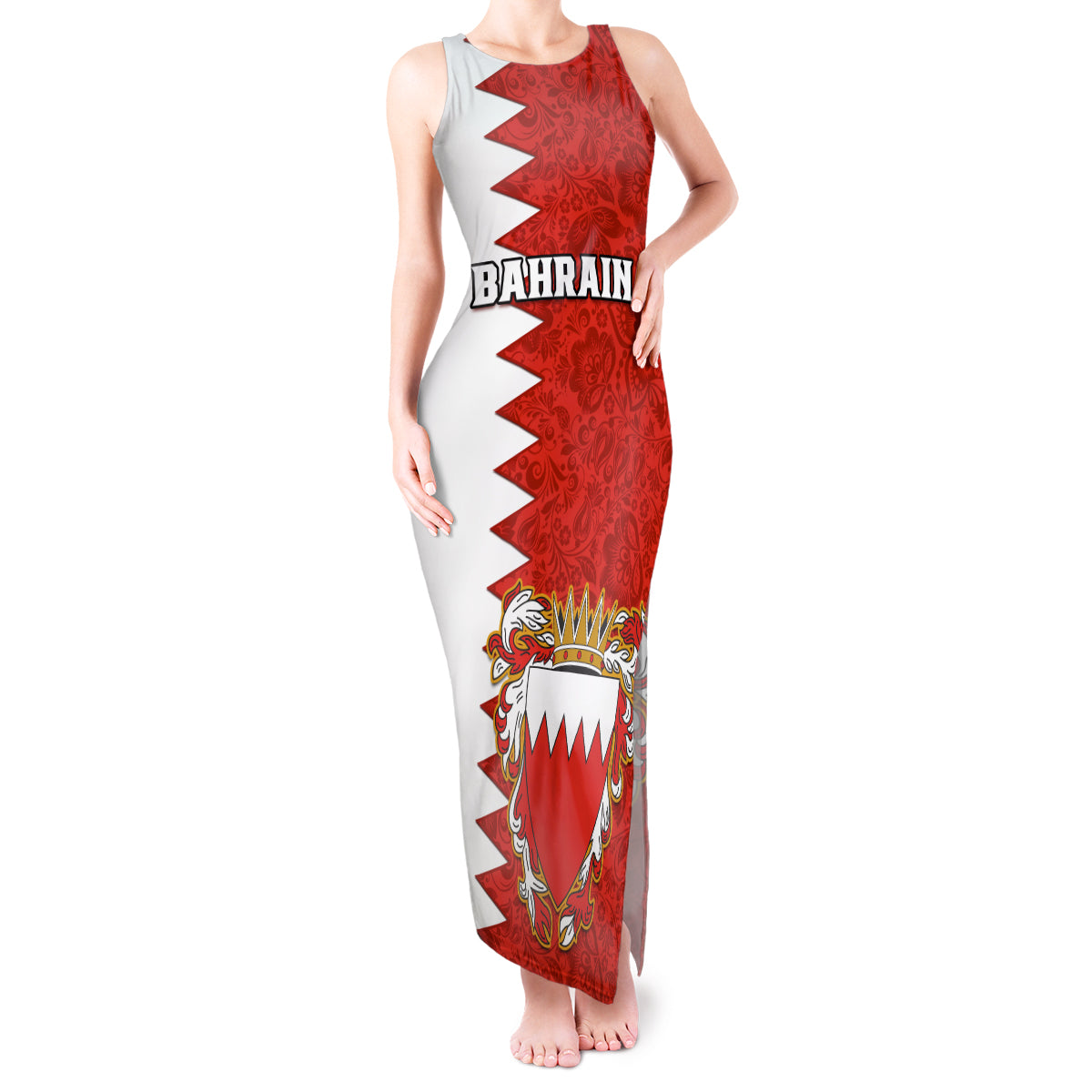 Bahrain Independence Day Tank Maxi Dress Bahrayn Coat Of Arms Floral Pattern - Wonder Print Shop