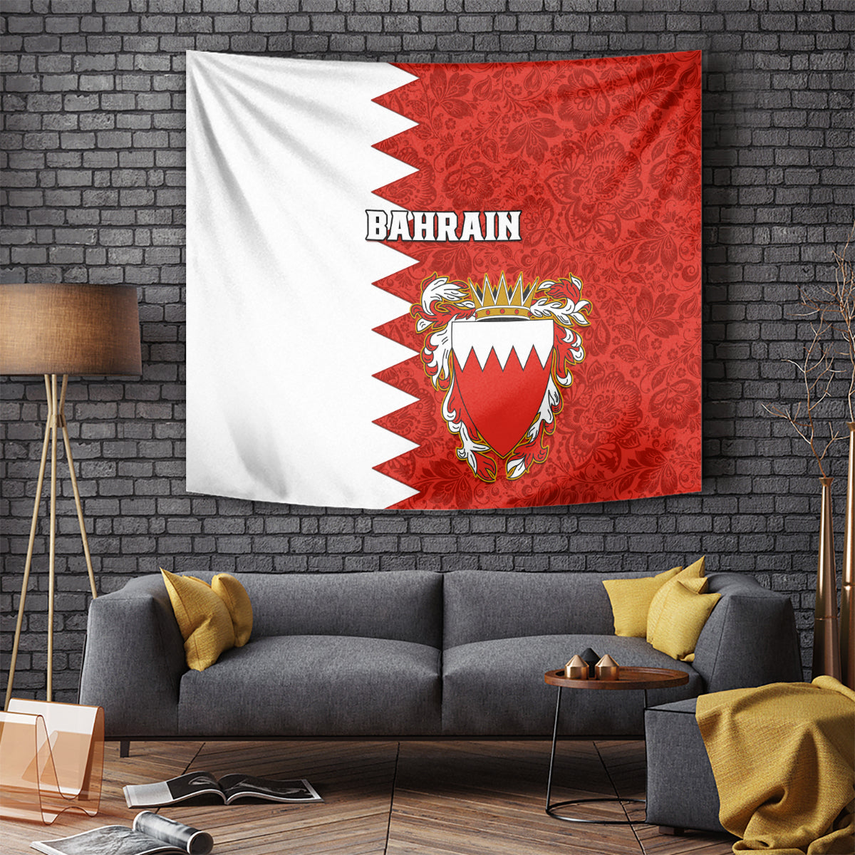 Red-and-white Bahrain tapestry with coat of arms and 'BAHRAIN' lettering
