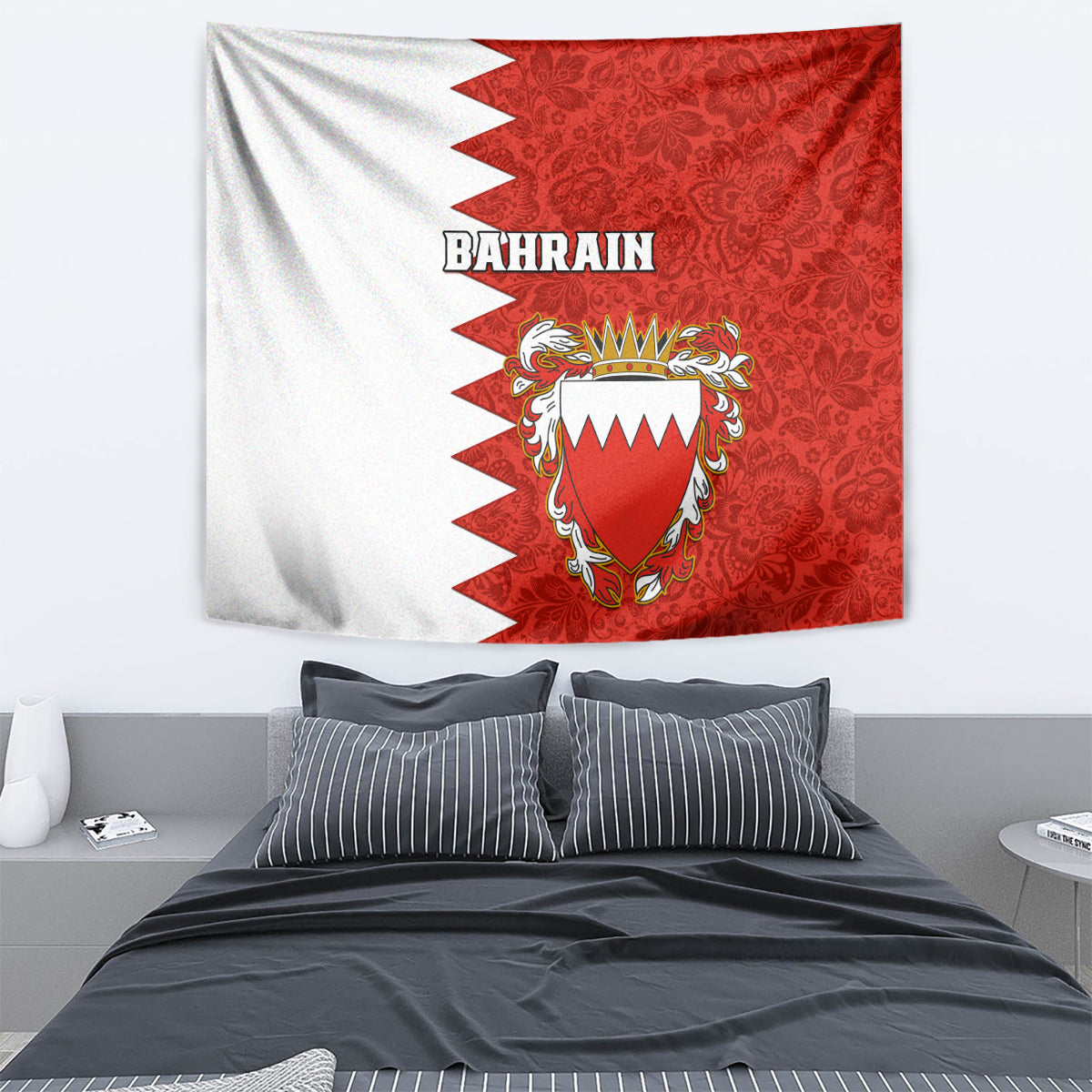Red-and-white Bahrain wall tapestry with coat of arms and 'BAHRAIN' text