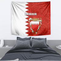 Red-and-white Bahrain wall tapestry with coat of arms and 'BAHRAIN' text