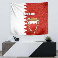 Red-and-white Bahrain tapestry with coat of arms emblem and 'BAHRAIN' text