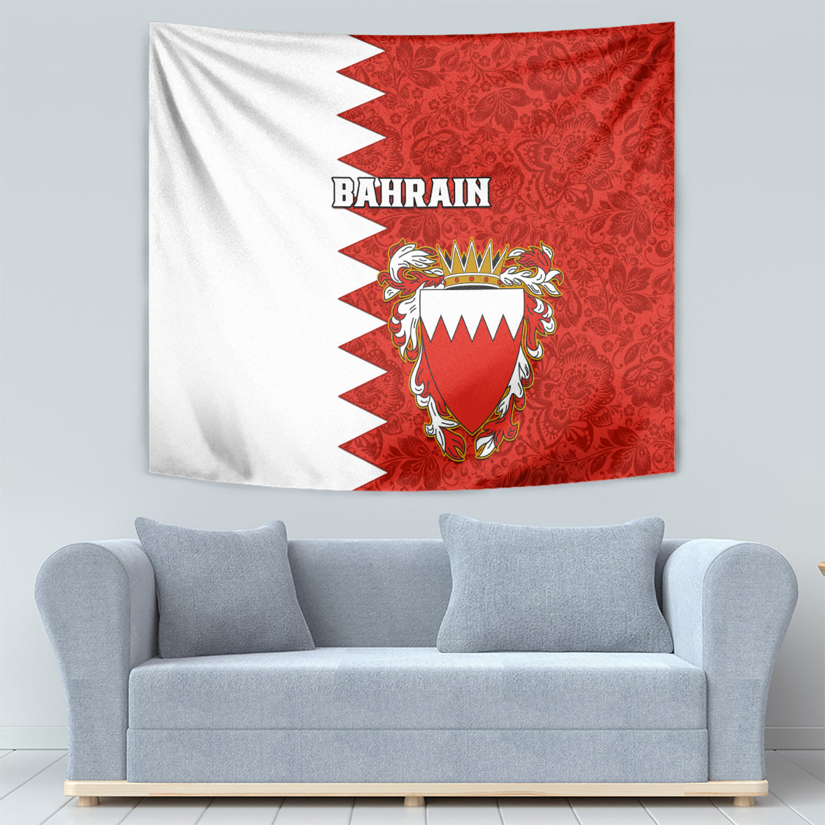 Red-and-white Bahrain wall tapestry showing coat of arms and 'BAHRAIN' lettering