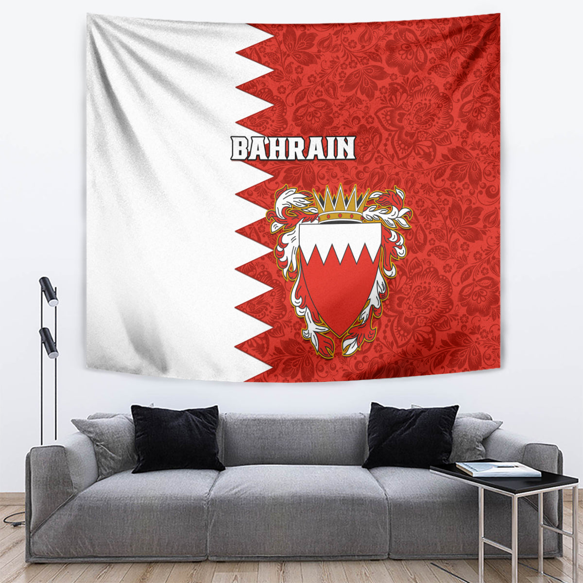 Red-and-white Bahrain tapestry with coat of arms crest and 'BAHRAIN' text