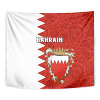 Close-up red-and-white Bahrain tapestry with coat of arms and 'BAHRAIN' lettering