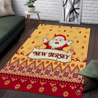 Santa Claus Christmas area rug with 'New Jersey' text, red and yellow festive pattern