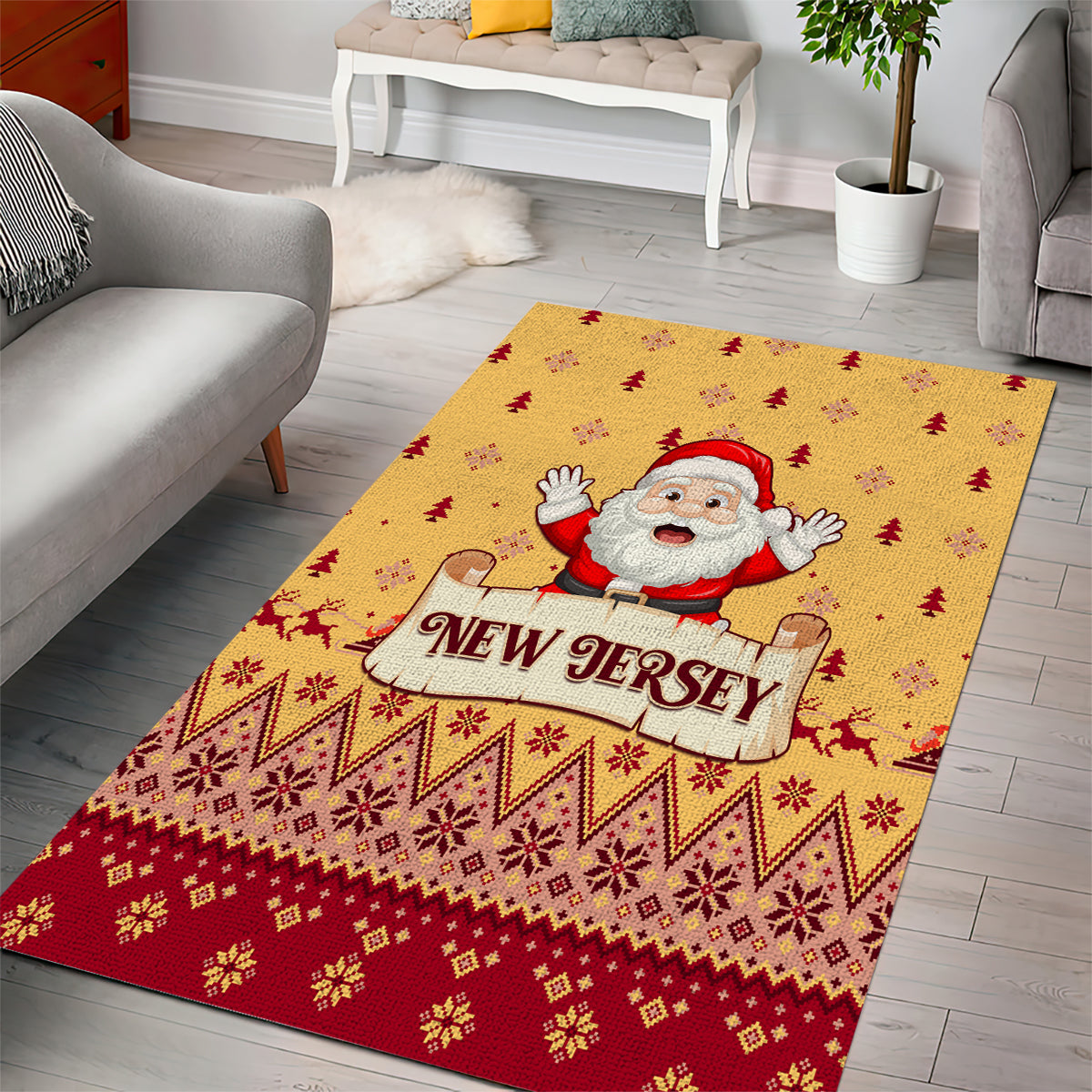 Christmas area rug featuring waving Santa and 'New Jersey' banner, red/yellow folk pattern