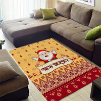 Festive Santa and 'New Jersey' Christmas area rug laid on living room floor, red/yellow