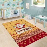 Kids room Christmas area rug with Santa and 'New Jersey' sign, red and yellow motif