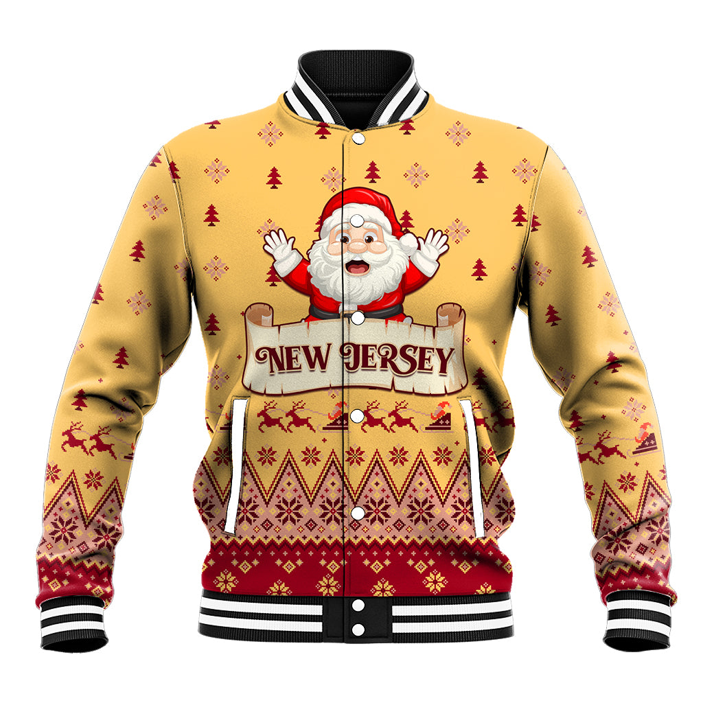 Unisex yellow Christmas baseball jacket with Santa graphic, festive pattern, striped ribbed cuffs