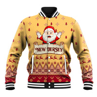 Unisex yellow Christmas baseball jacket with Santa graphic, festive pattern, striped ribbed cuffs