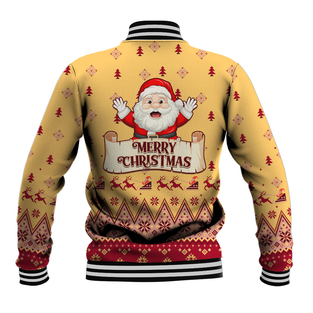 Unisex yellow Christmas baseball jacket with Santa back graphic, festive pattern, striped ribbed hem