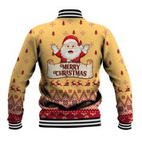 Unisex yellow Christmas baseball jacket with Santa back graphic, festive pattern, striped ribbed hem