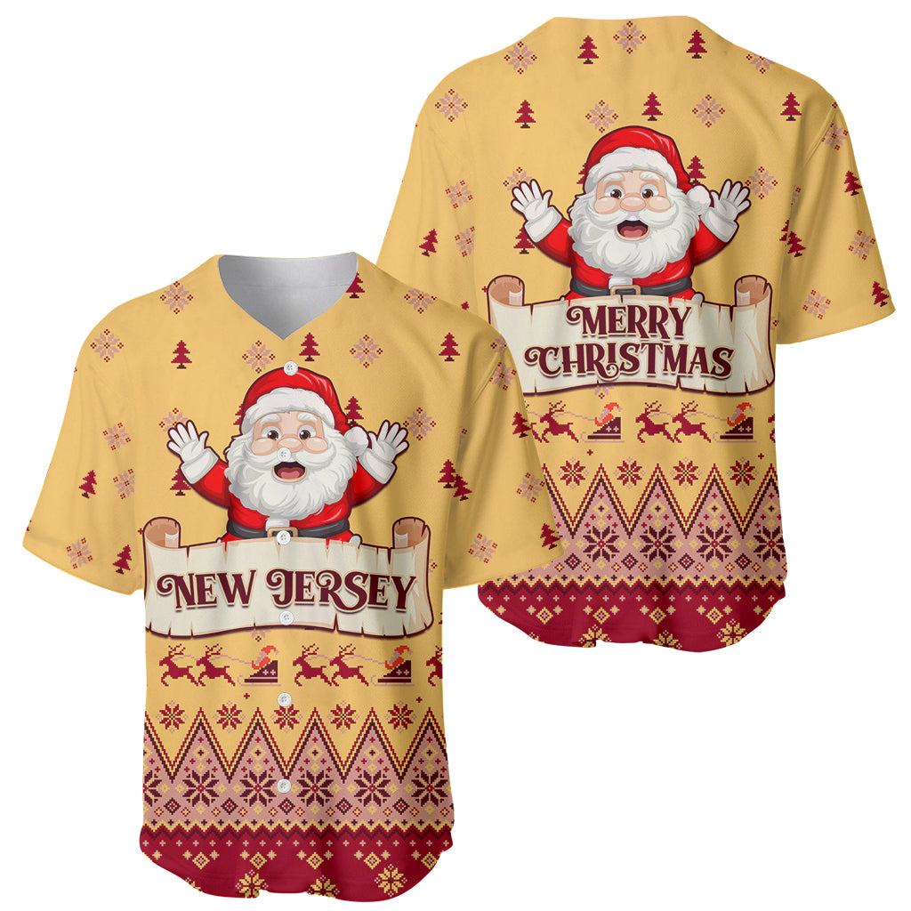 Pair of yellow baseball jerseys with Santa Claus prints and red 'New Jersey' text
