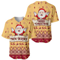 Pair of yellow baseball jerseys with Santa Claus prints and red 'New Jersey' text