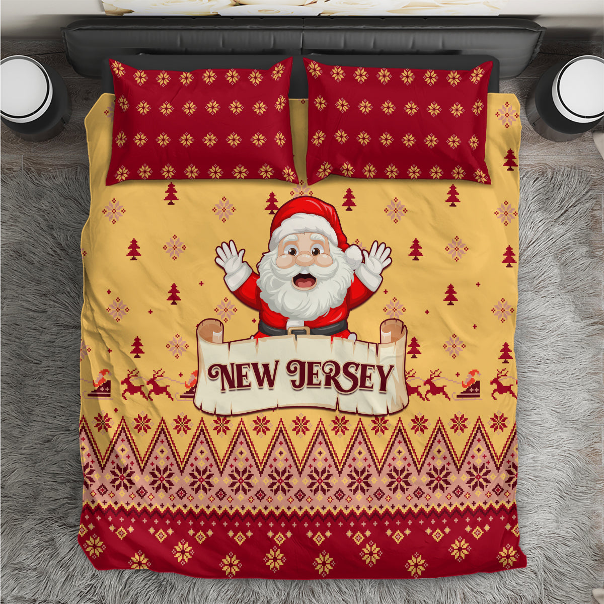 Yellow and red Christmas bedding set with Santa and 'New Jersey' banner