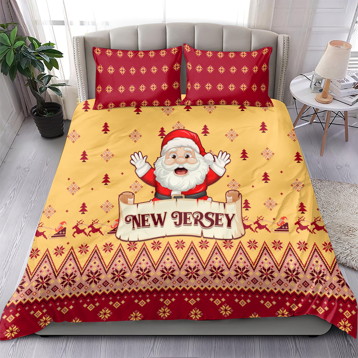 Yellow and red Christmas bedding set with Santa, evergreens, and 'New Jersey' sign