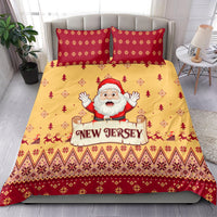 Yellow and red Christmas bedding set with Santa, evergreens, and 'New Jersey' sign