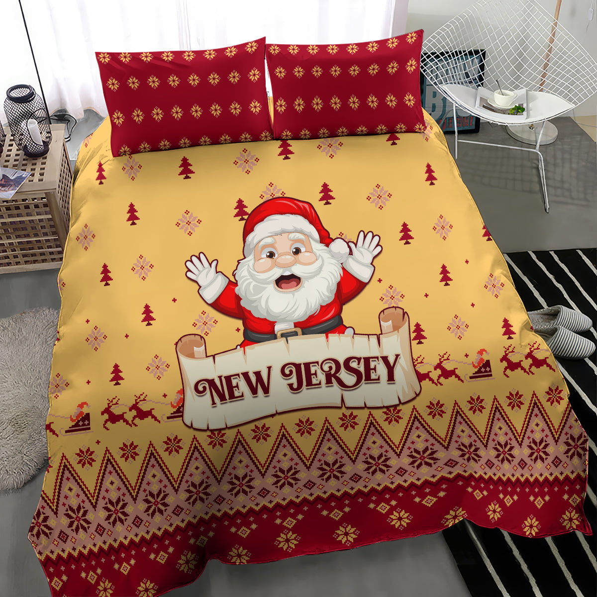 Yellow and red duvet cover set with Santa waving and 'New Jersey' label