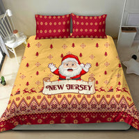 Yellow and red Christmas bedding set with Santa behind 'New Jersey' text and borders
