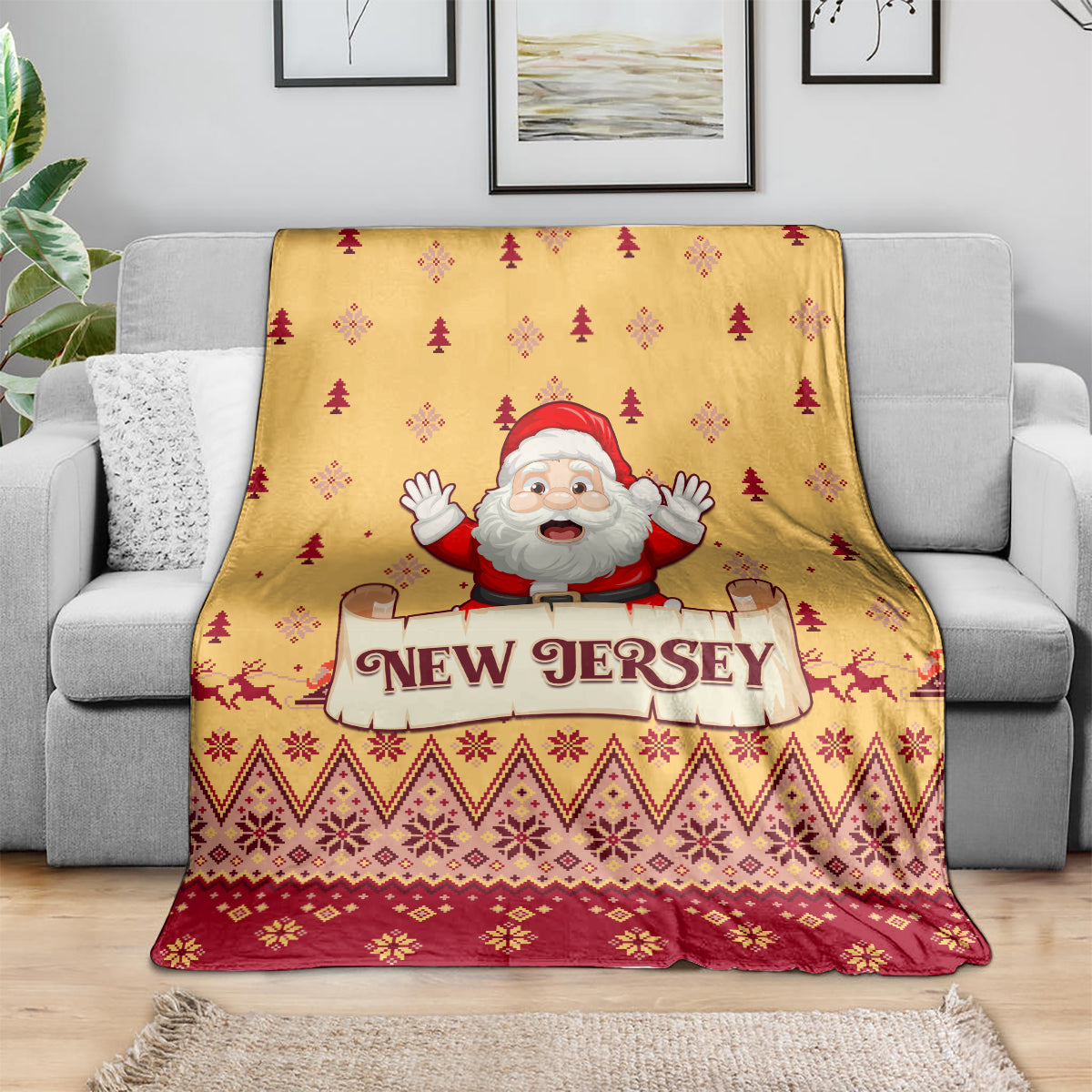 Yellow throw blanket with Santa and 'New Jersey' banner over red holiday diamond pattern