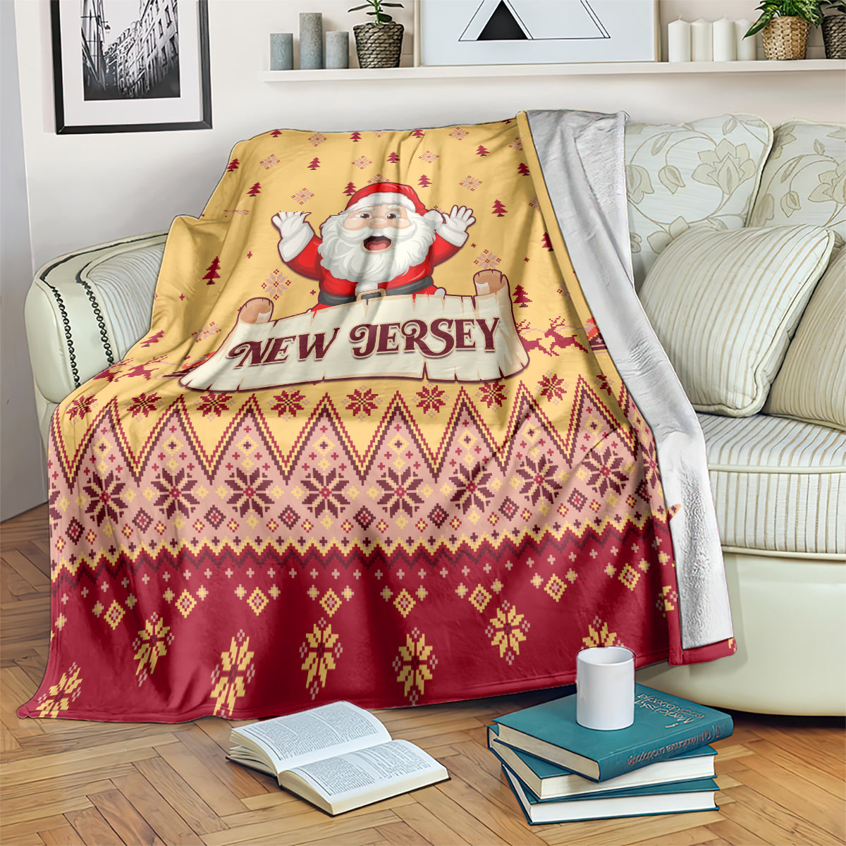Yellow Santa-themed Christmas blanket with 'New Jersey' emblem and red geometric border