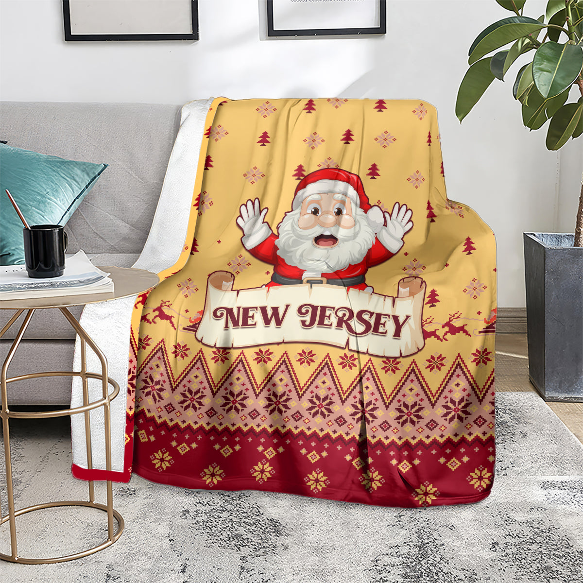 Yellow Christmas blanket with Santa and 'New Jersey' text, red tree and snowflake pattern