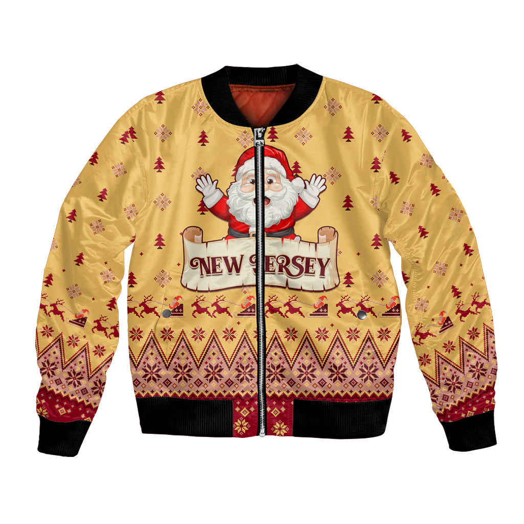 Yellow unisex bomber jacket, zip front, Santa 'New Jersey' print, holiday pattern