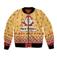 Yellow unisex bomber jacket, zip front, Santa 'New Jersey' print, holiday pattern