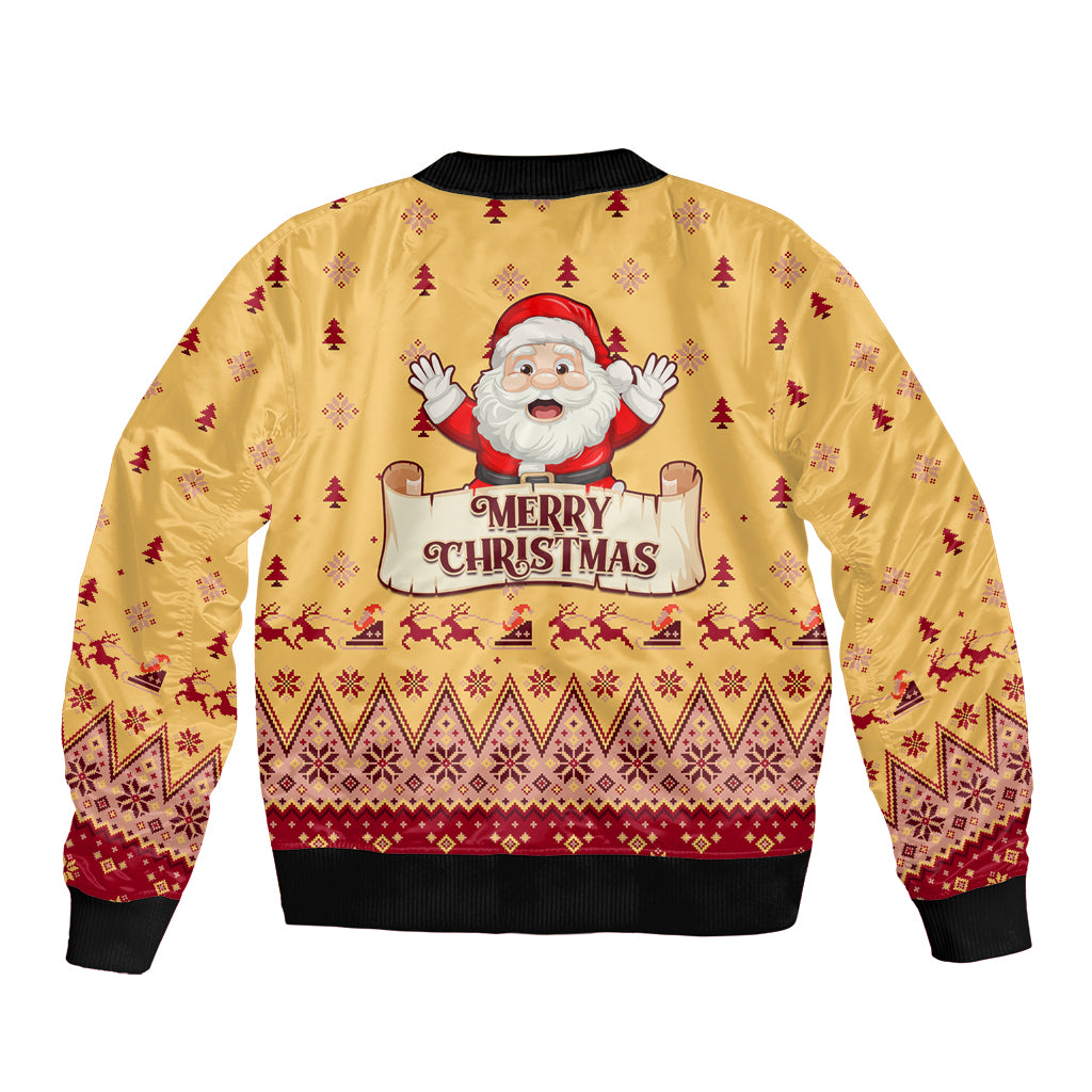 Yellow unisex bomber jacket, ribbed cuffs, Santa 'Merry Christmas' back graphic, festive