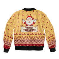 Yellow unisex bomber jacket, ribbed cuffs, Santa 'Merry Christmas' back graphic, festive