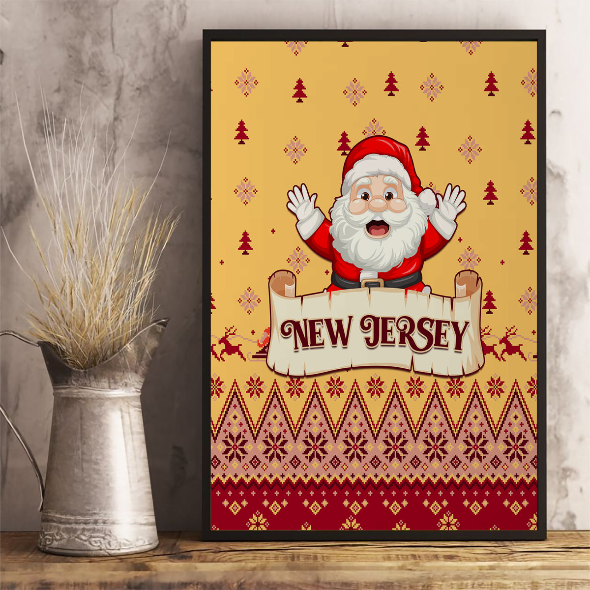 New Jersey Christmas canvas wall art with Santa and “New Jersey” on yellow festive pattern, framed