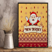 New Jersey Christmas canvas wall art with Santa and “New Jersey” on yellow festive pattern, framed