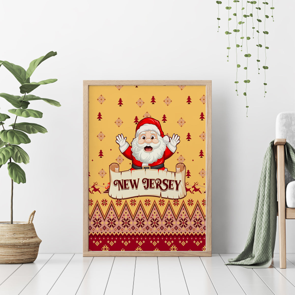 New Jersey Christmas canvas wall art with waving Santa and “New Jersey” on yellow festive pattern, wood framed