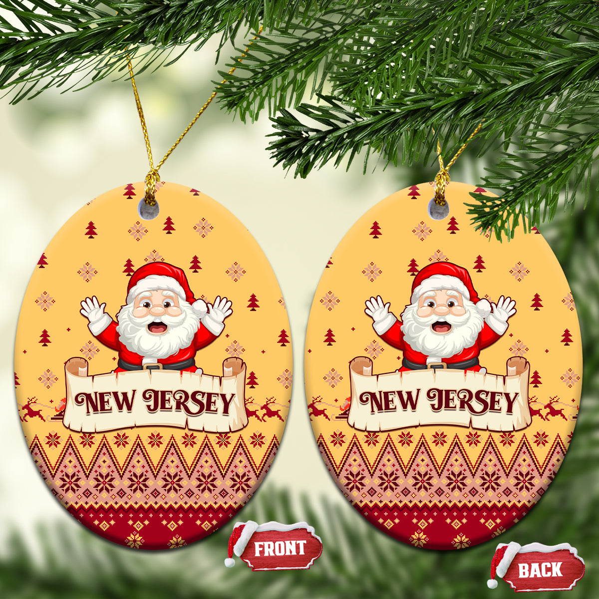 Yellow oval ceramic Christmas ornaments with Santa and "NEW JERSEY" text, hanging