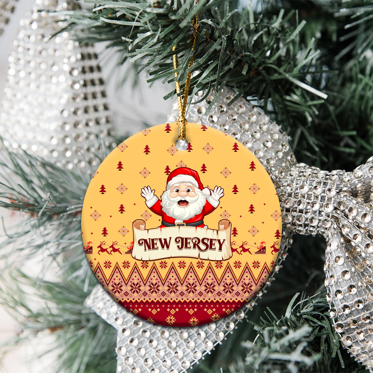Yellow round ceramic Christmas ornament with Santa and "NEW JERSEY" text on tree